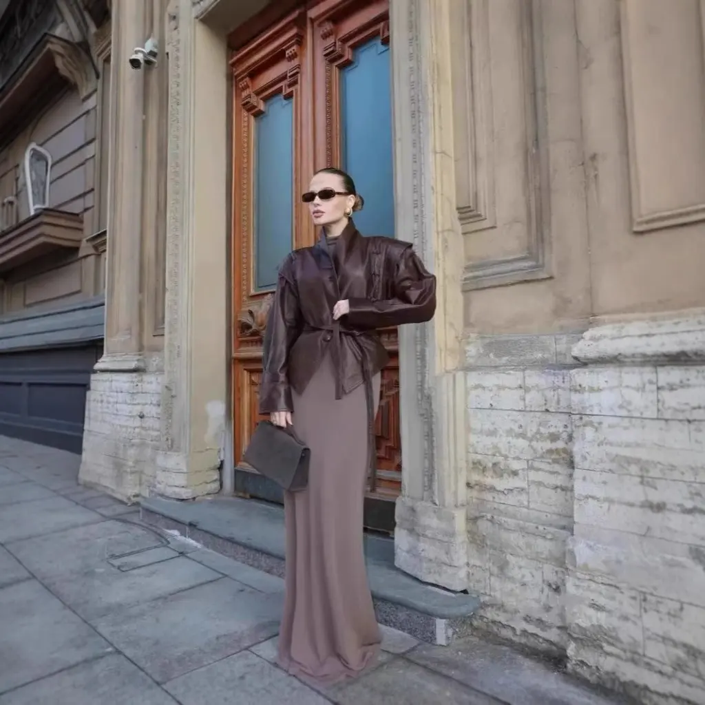 レディースレトロフルーツカラーシングルブレストレザージャケット春秋ファッションベルト付きオールマッチアウターウェア