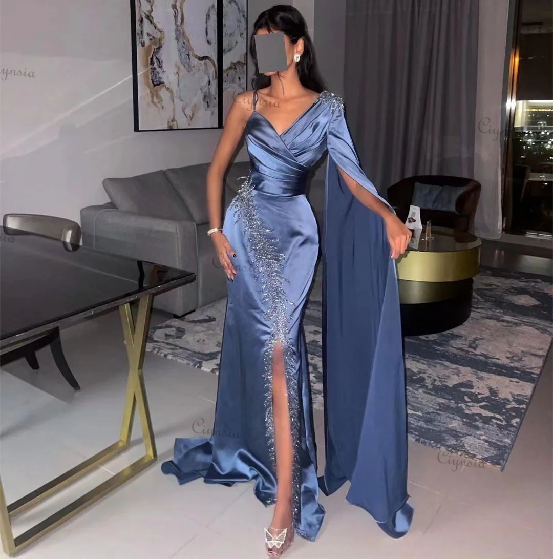 Ciynsia Sexy Blue Prom Dresses Mermaid V Neck Wedding Guest Dress 2024 Ruched Beaded Lace Side Slit Birthday Evening Party Gowns