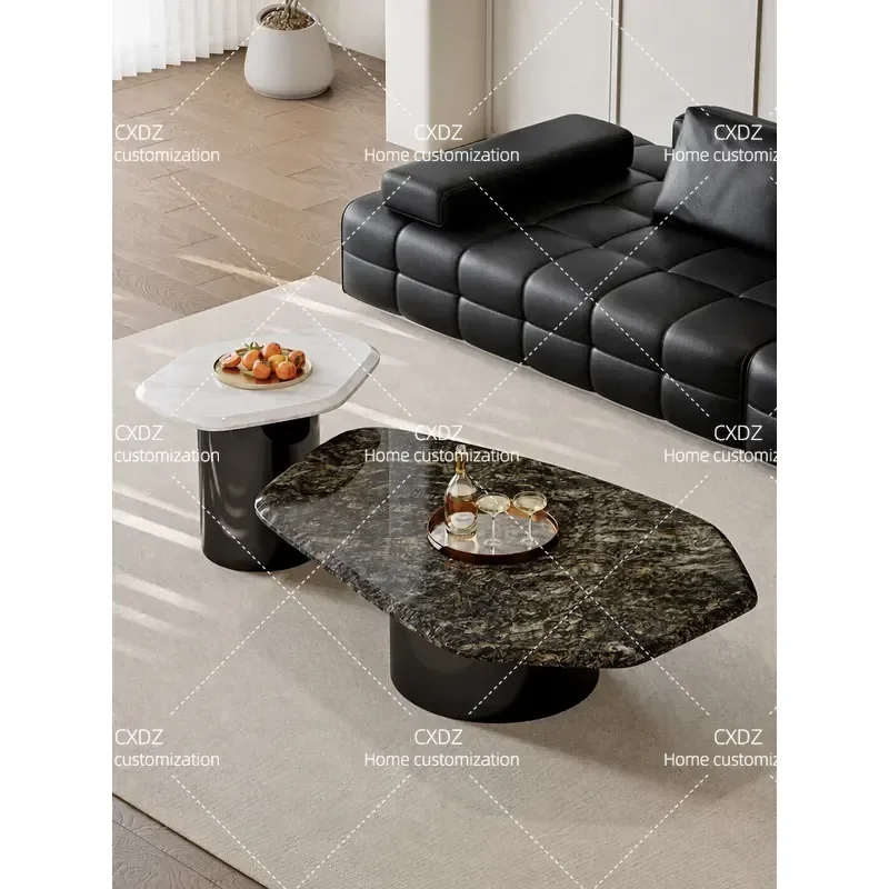 Modern Light Luxury Marble Coffee Table Platinum Diamond Accent Irregular Shape High End Minimalist Living Room Side Table