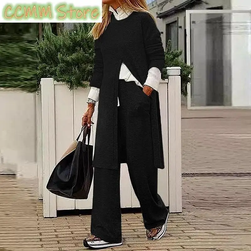 New Spring Autumn Long Sleeved Casual Outfit Lady O Neck Commuting Pocket Suits Women Solid Color Slit Long Blouse Two Piece Set