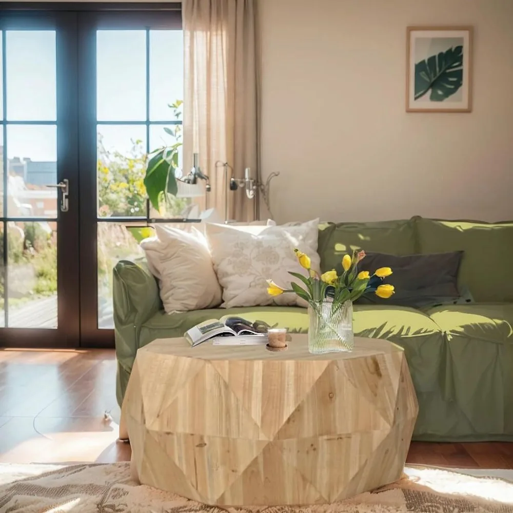 

38.58" Vintage Wood Coffee Table with 3-Dimensional Embossed Pattern,Living Room Table for Country Cottage Farmhouse Décor