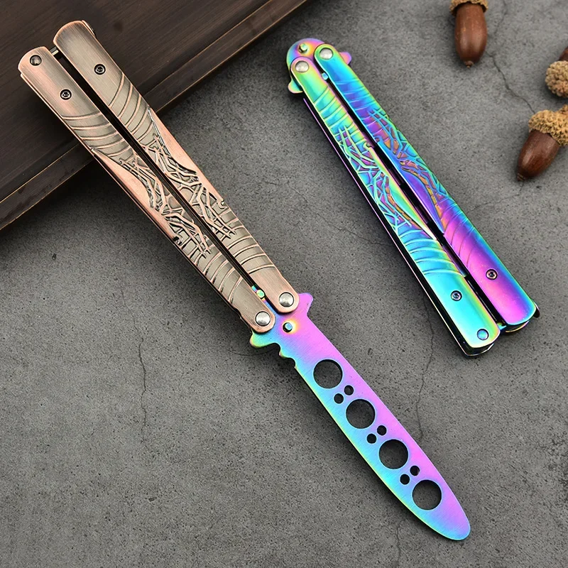 Butterfly Knife Trainer Stainless Steel Spider Print Novice Portable Folding Balisong Knife Practice Hand Tool CSGO Uncut Blade