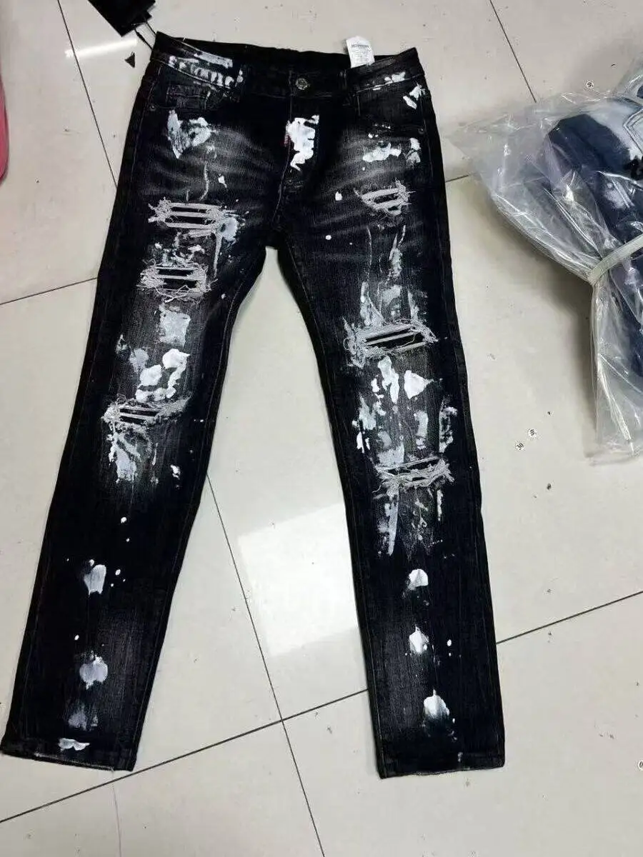 Calça Jeans Unissex Estilo Casual Americano com Efeito Salpicado de Tinta e Furos Falsos, Corte Reto Slim, Moderna