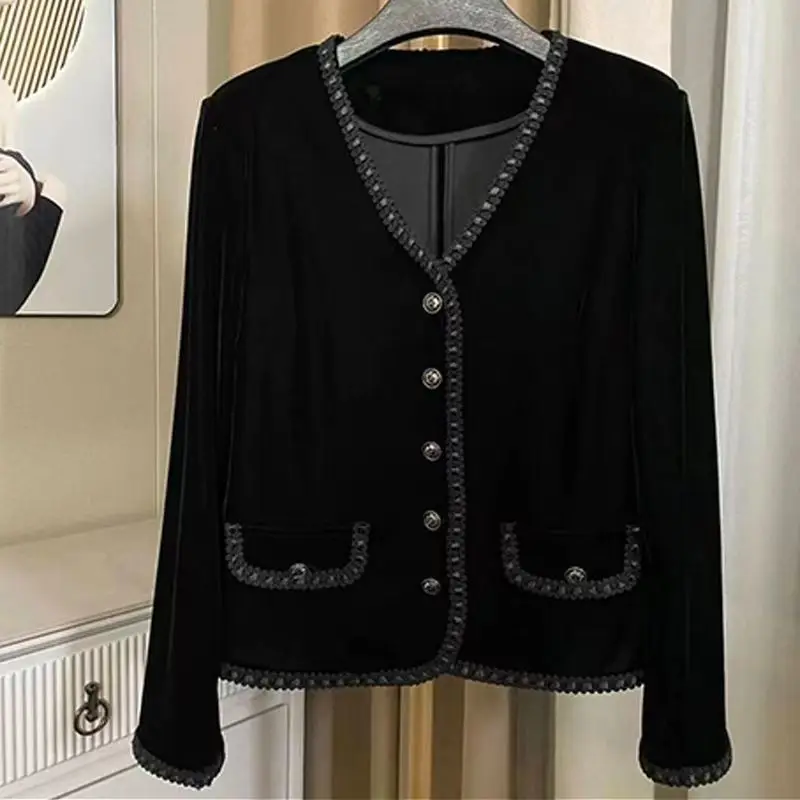 

Spring Fall Women V Neck Lace Patchwork Black Velvet Cardigan Coat , Woman Clothes Autumn Elegant Slim Coats