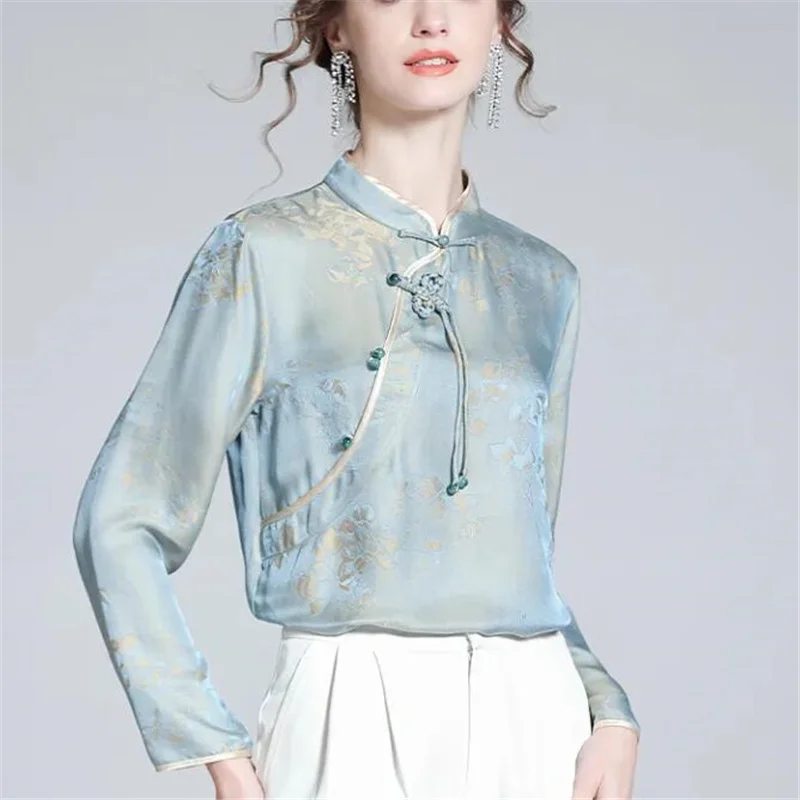 Vintage Top Women Shirt Silk Top For Woman Retro Buckle Blouses Diagonal Placket Top Female Pullover OL Grace Printing Blouse