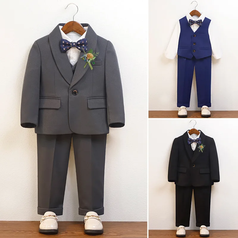 Children Royal Blue Luxurious Jacket Vest Pants Bowtie Flower 5PCS Dress Boys Wedding Photograph Suit Kids Performance Costume