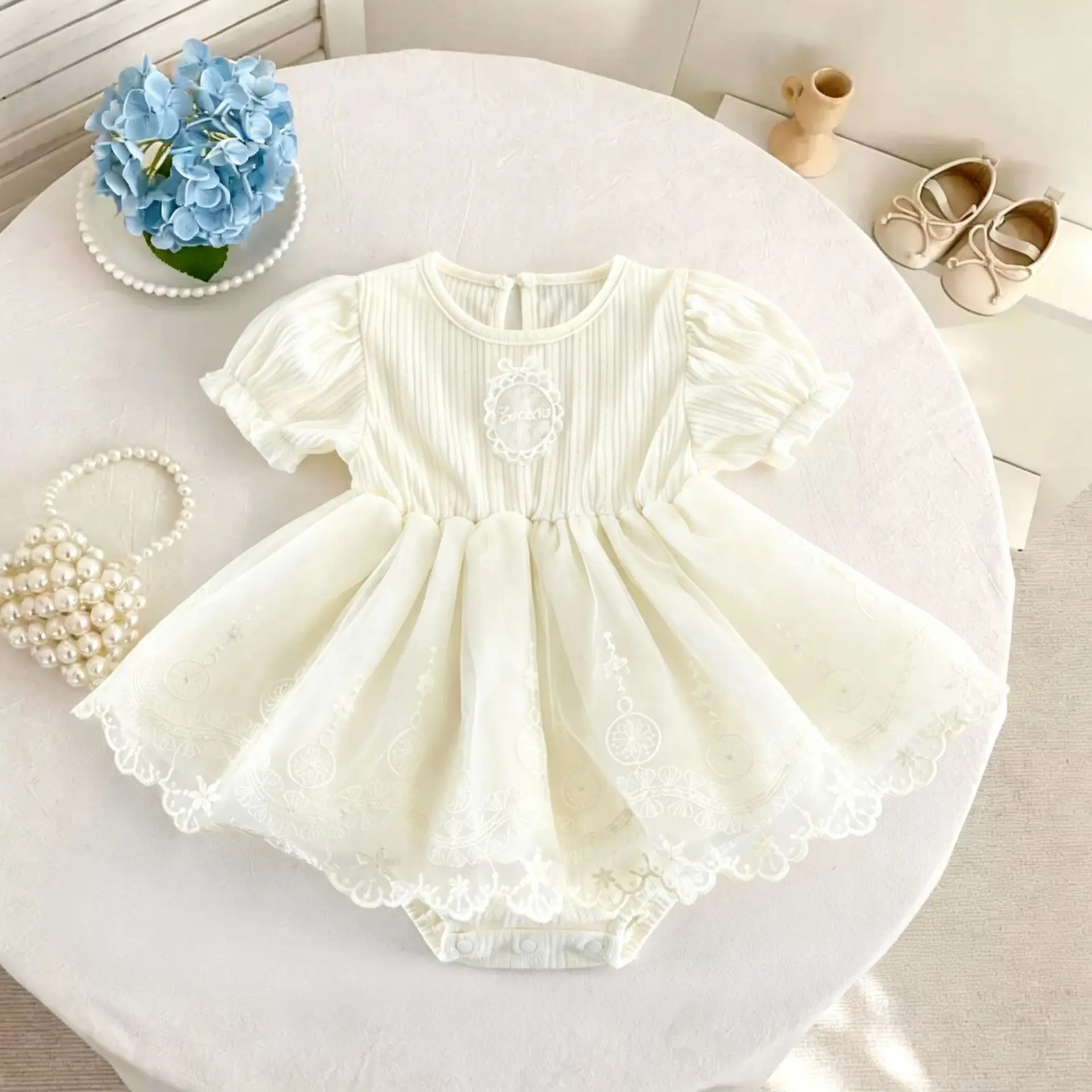 Summer New Sweet Short Sleeved Jumpsuit for Infants and Young Children Cotton Hoodie Women's Baby Lace Lace and Lace Fart Jacket