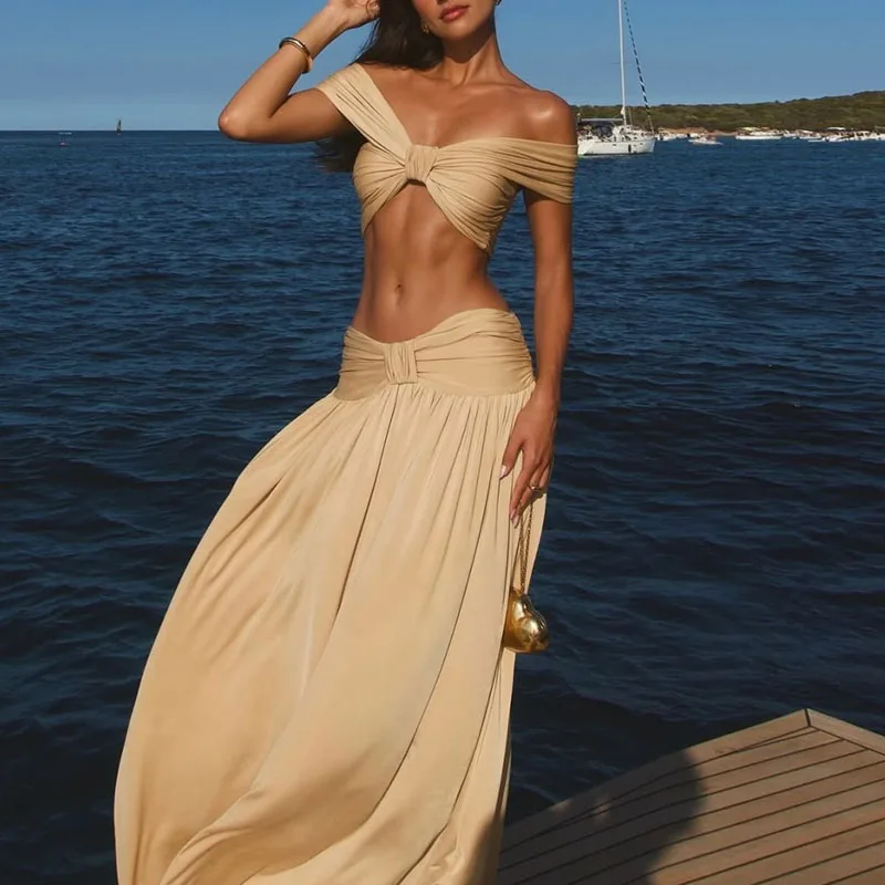 

Sexy Off Shoulder Crop Top & Skirt Set Women Casual Sleeveless Draped 2 Piece Suit Summer Fashion Hight Waist Long Skirt Outfits