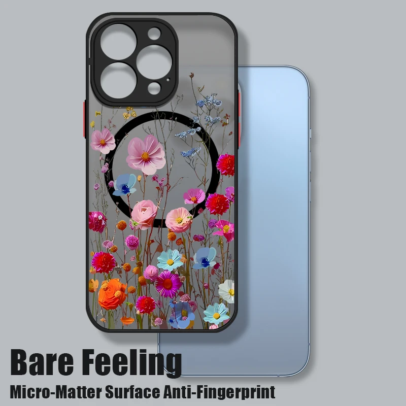 Magnetic Colorful Flower Phone Case For iPhone 15 16 Pro Max 14 13 12 Pro 11 For Magsafe Wireless Charge Soft Edge Acrylic Cover