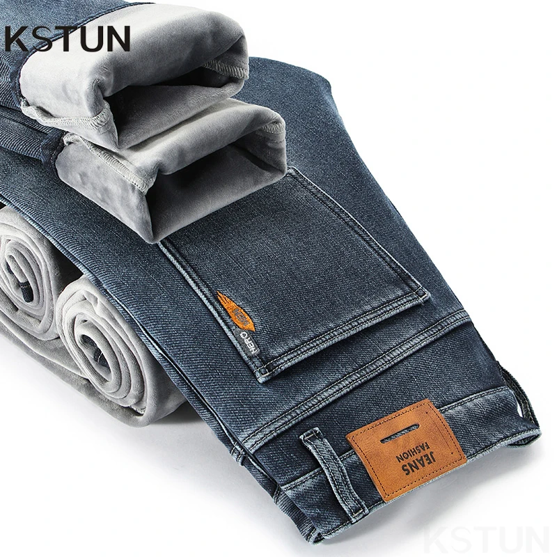 

KSTUN 2025 новые флисовые джинсы для мужчин, зимние брюки, джинсовые брюки, тонкие эластичные толстые теплые джинсы для фитнеса, мужская одежда Homme
