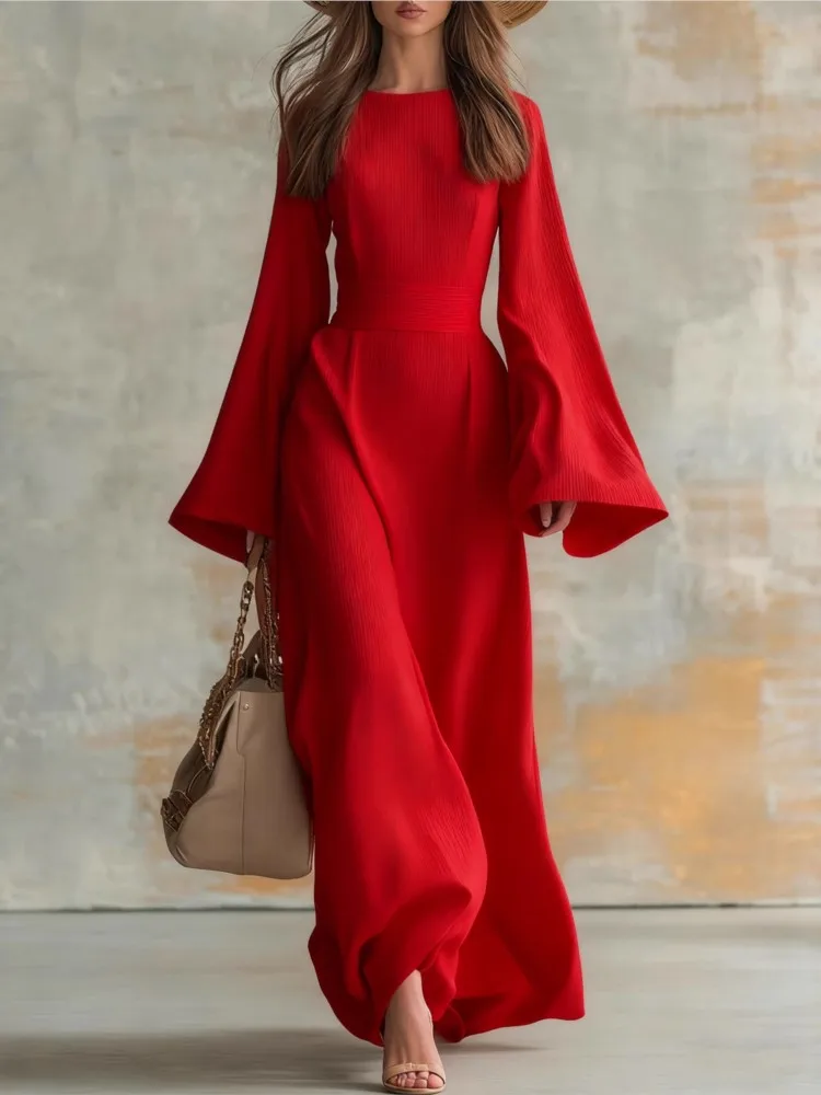 New Spring Elegant Crew Neck Long Dresses Woman Solid Tie-up Bowknot Slim Party Dress Autumn Flare Sleeve Loose Maxi Dress