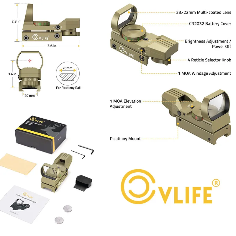CVLIFE 1X22X33 Red Green Dot Scope Reflex Sight with 20mm Rail 5 adjustable brightness levels Four adjustable reticles