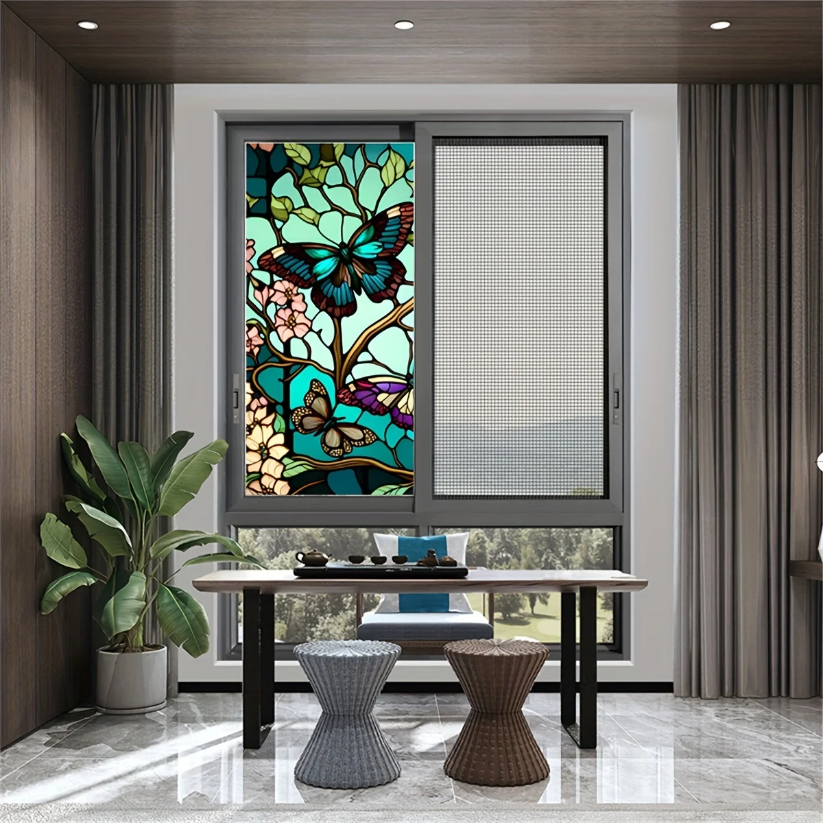 Decorative Flowers Butterflies Window Privacy Sticker Self Adhesive Electrostatic Sticker Waterproof Stained Glass Window Film