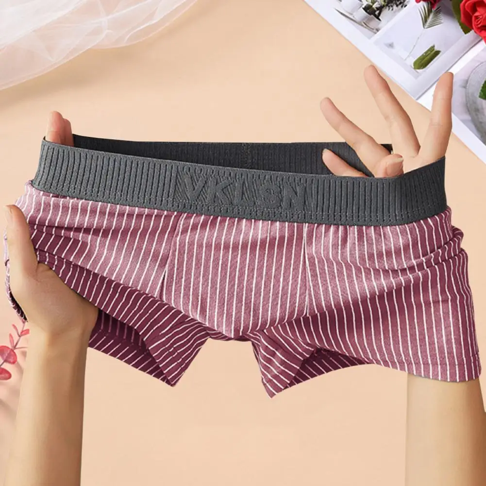 Men Boxer Underwear Mid-rise Striped Print Patchwork Color Thin Shorts Briefs Quick Drying U-convex Panties