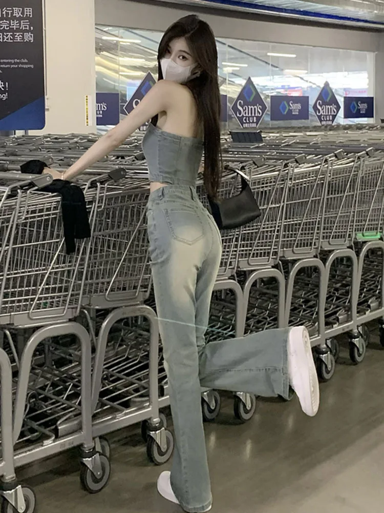 

Youthful Woman Clothes Street Wear Straight Blue Casual Retro 2000S American Distressed Hole Ripped Female Trousers Unisex Basic