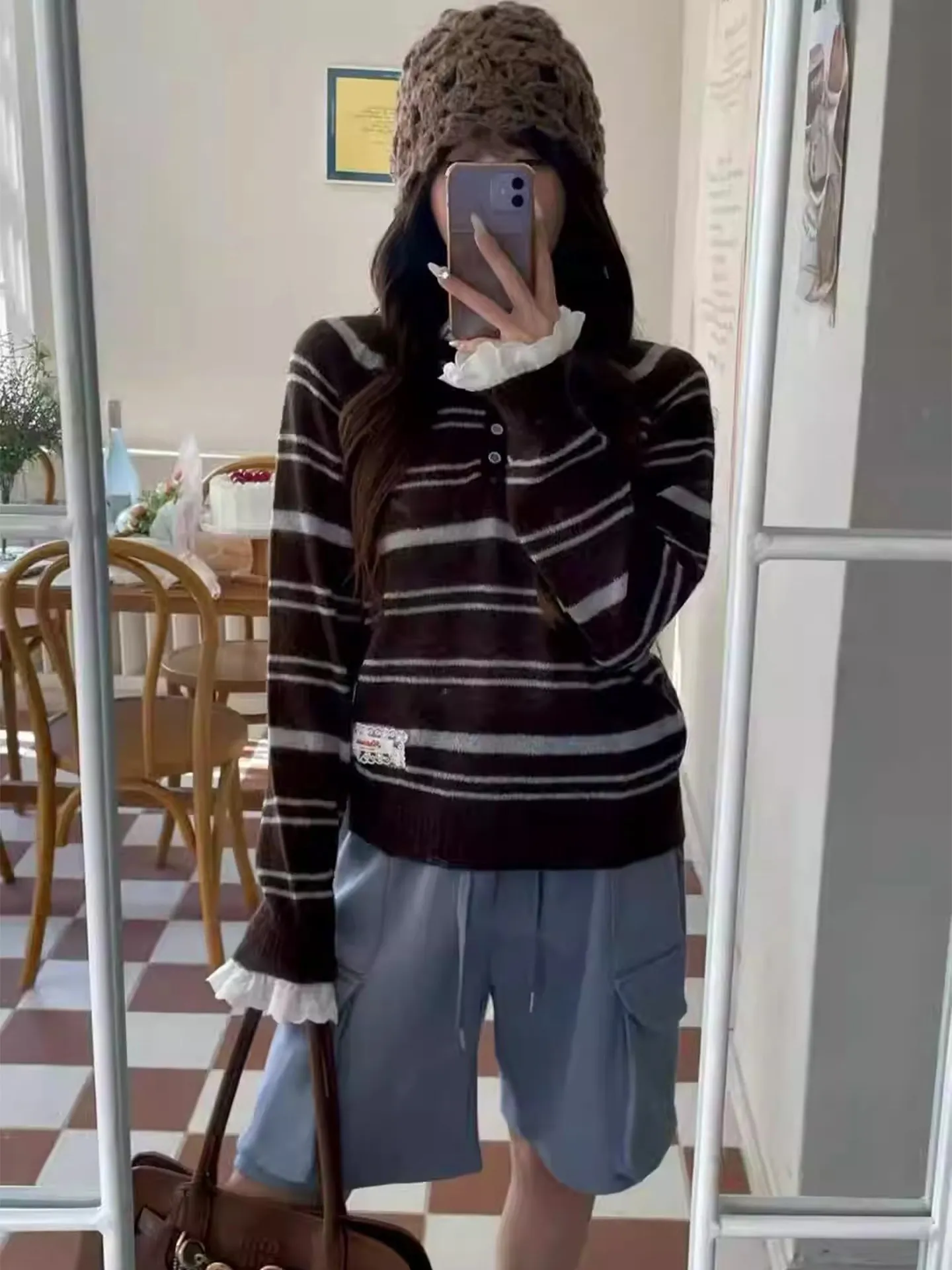 ZHISILAO New Stripe Sweater Women Vintage Causal Lace Print Long Sleeve Knit Sweater Autumn Winter 2025 Tops