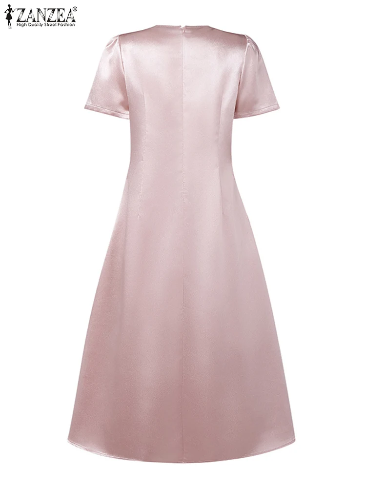 ZANZEA イブニング女性パーティードレスサテンシルクロングサンドレス 2025 ファッション夏半袖エレガントなウエストレースミディ Vestidos