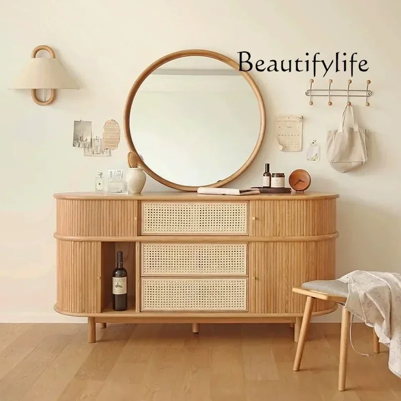 

Nordic Solid Wood Rattan Sideboard Cabinet Small Apartment Home Retro Locker