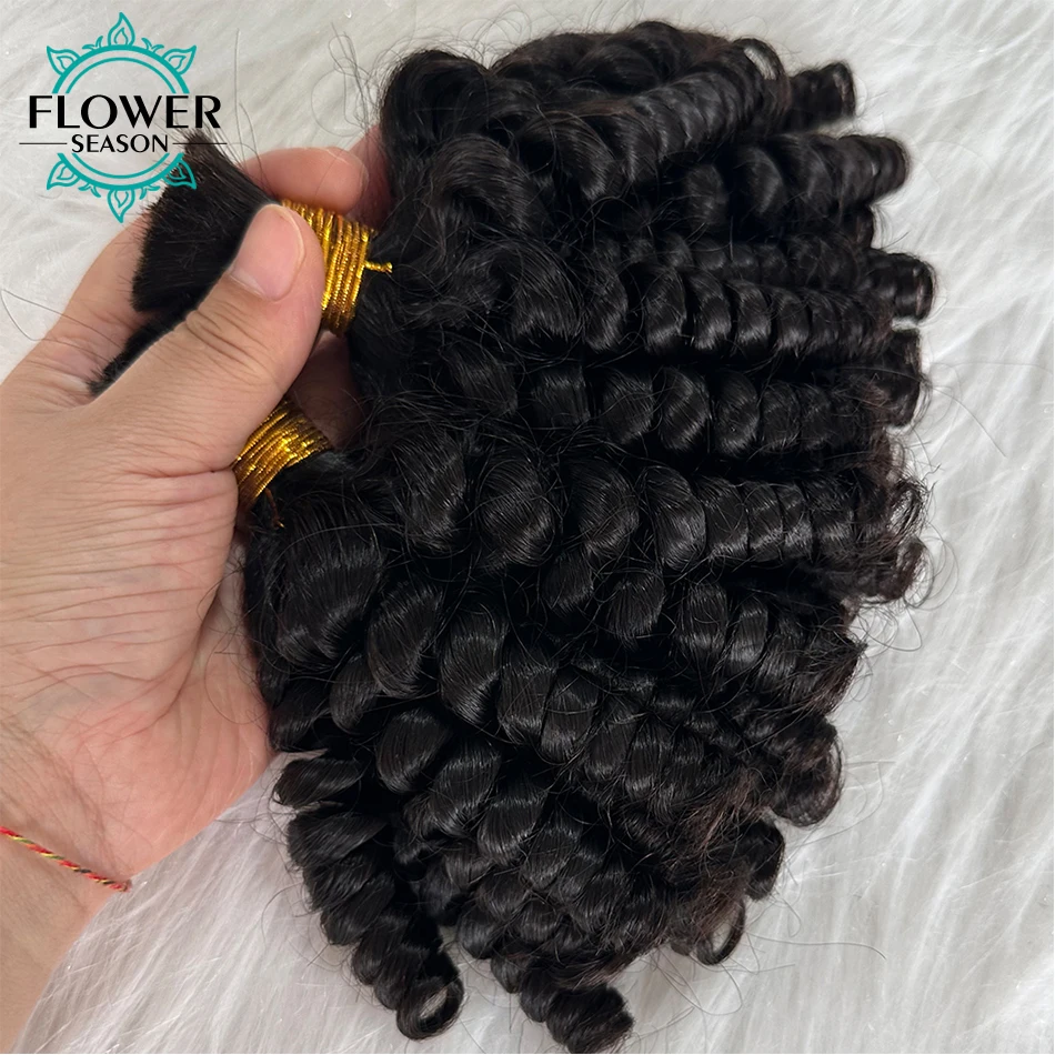 Funmi Curly Human Hair Bulk for Braiding Bouncy Curly Human Hair Bundles No Weft Double Drawn Bulk Hair for Boho Braids 3pcs