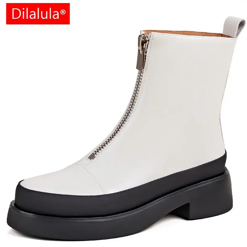 Dilalula Concise Women Ankle Boots Fashion Front Zipper Genuine Leather Platforms Thick Heels Autumn Winter Leisure Shoes Woman