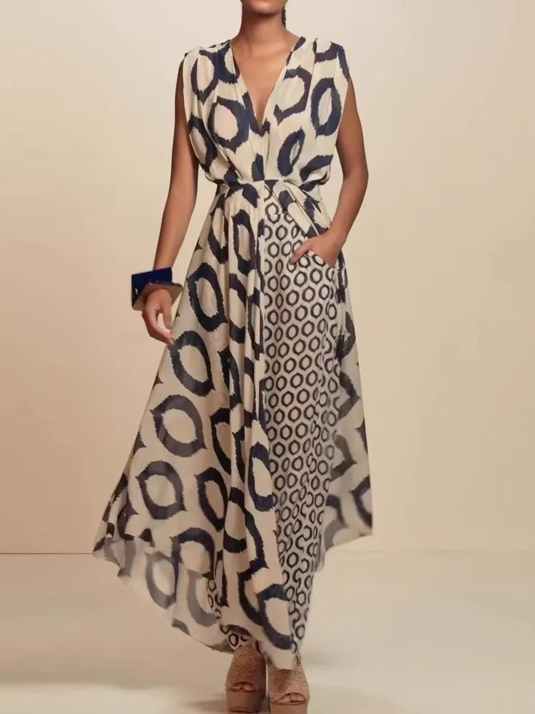 

Fashion Sleeveless V-neck Lace-up Top + Pants 2-piece Set For Women's Spring Summer Elegant Printed Casual Long Top Suit Female