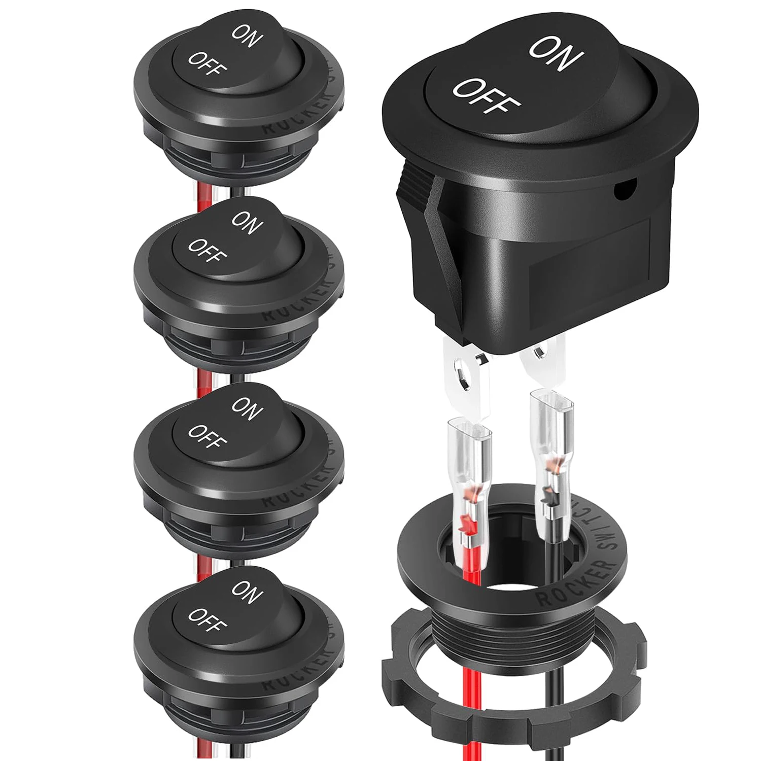 5PCS Round Rocker Switch 12V ON Off Switch 12 Volt DC Circle Toggle Switch 2 Pin SPST 15A/250V 20A/125V AC 20MM With Wires