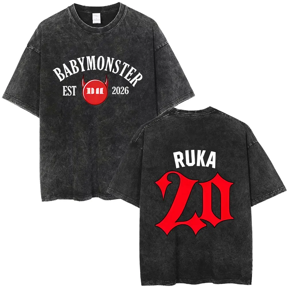 Kpop Band Babymonster Vintage Washed T-shirt Hello Monsters Tour 2026 T-shirts Men Women Y2k Korean Fashion Oversized T Shirts