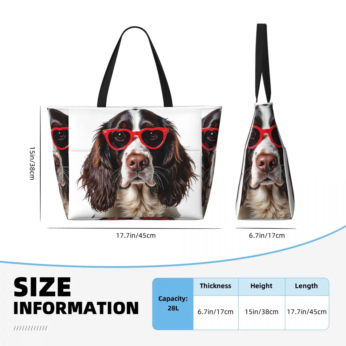 Inglês springer spaniel cão vestindo um coração forma óculos de sol praia sacola esporte yoga duffle grande sacola feminina saco de viagem