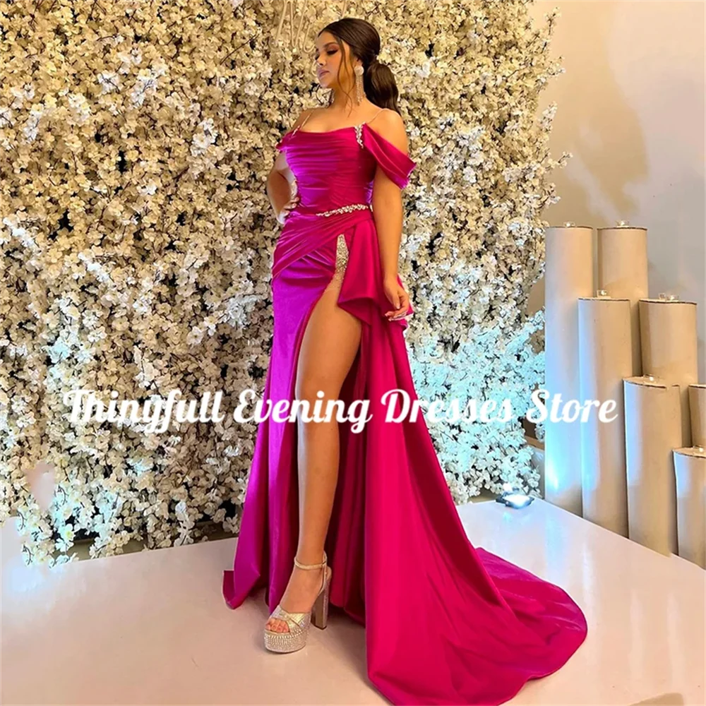 Cathy Hot Pink Mermaid Satin Fabric Prom Dress Off Shoulder Spaghetti Strao vestidos de fiesta Side High Split فساتين السهرة