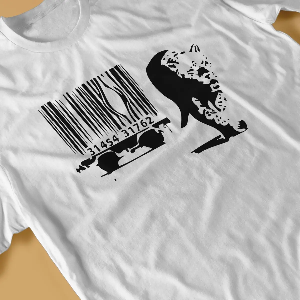 Print Tiger Barcode T-Shirts for Men Banksy Street Graffiti Artist Creative Pure Cotton Tee Shirt Round Collar Short Sleeve