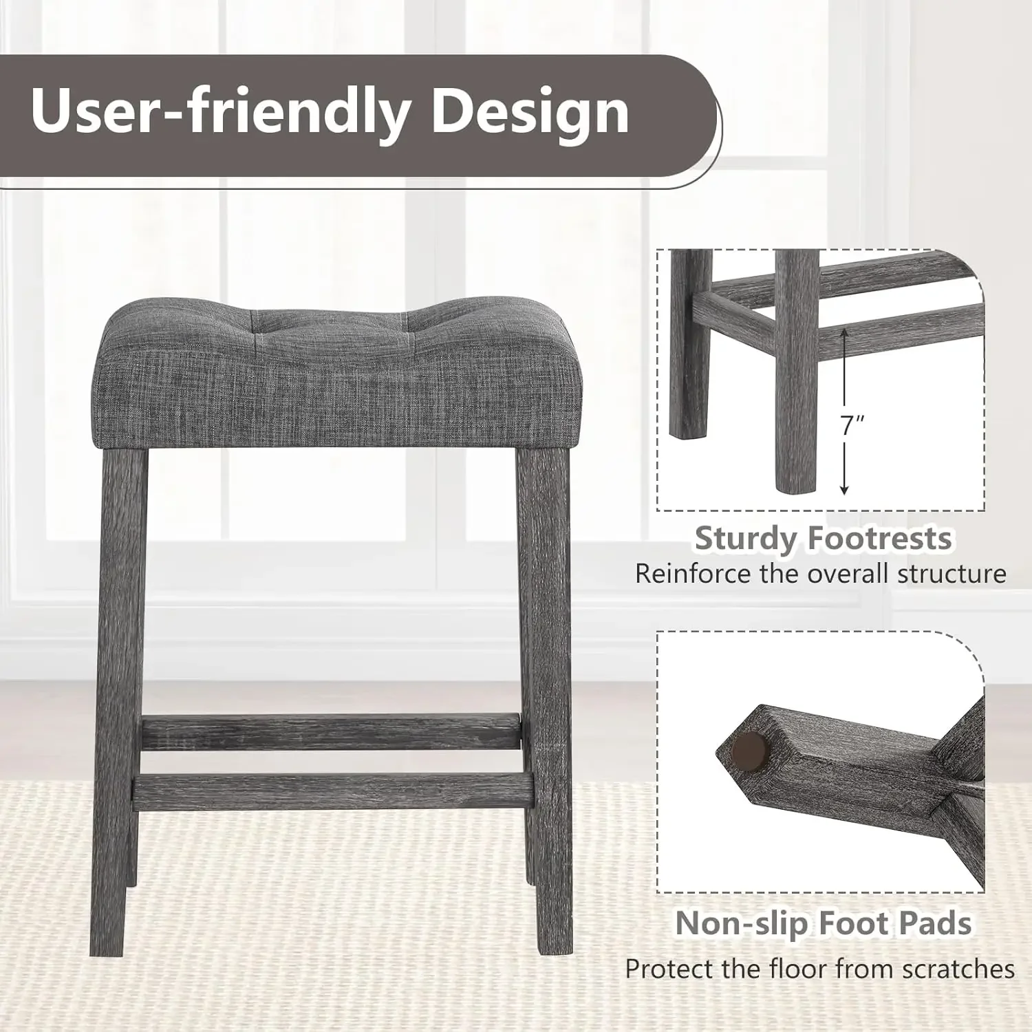 24' 바 스툴 4개 세트, 패딩 처리된 시트, 팜하우스 그레이 주방 카운터 스툴