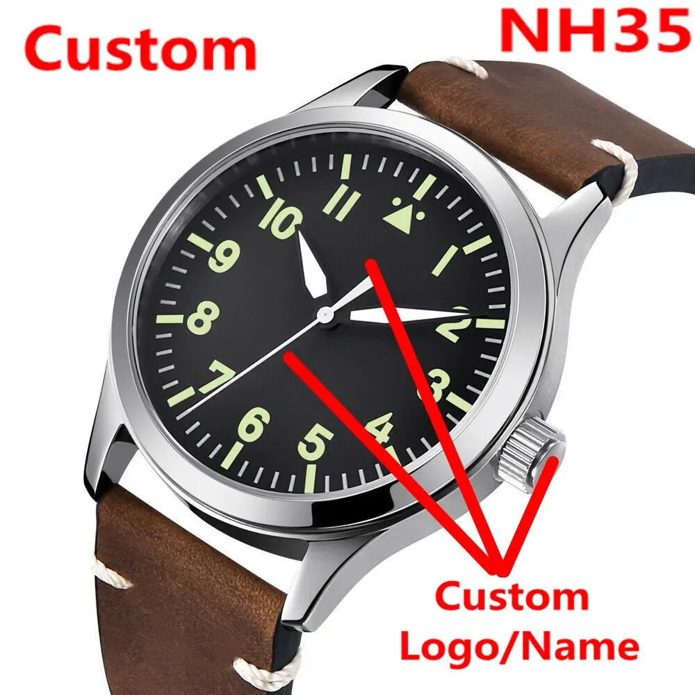 

Custom Logo Sapphire Watch 42mm Military Men reloj Luxury NH35 Automatic Sport Clock Lume Leather Mechanical Wrist Watches