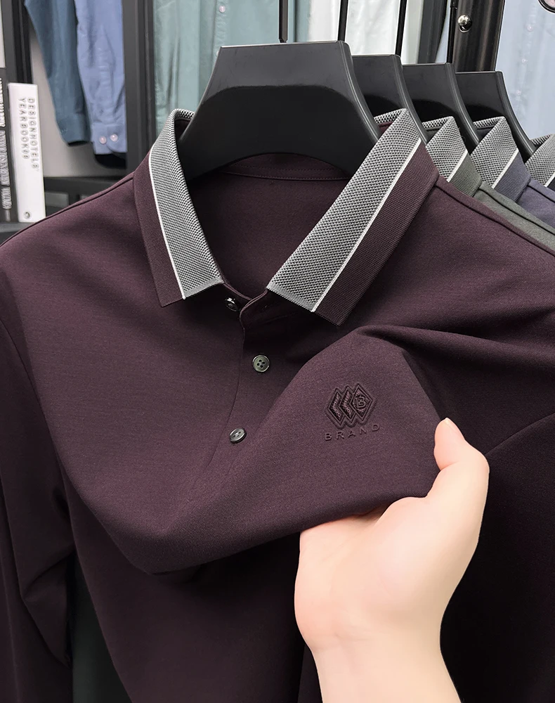 Brand embossed men's long sleeved fashion polo shirt spring autumn silky smooth comfort trend color blocked lapel casual T-shirt