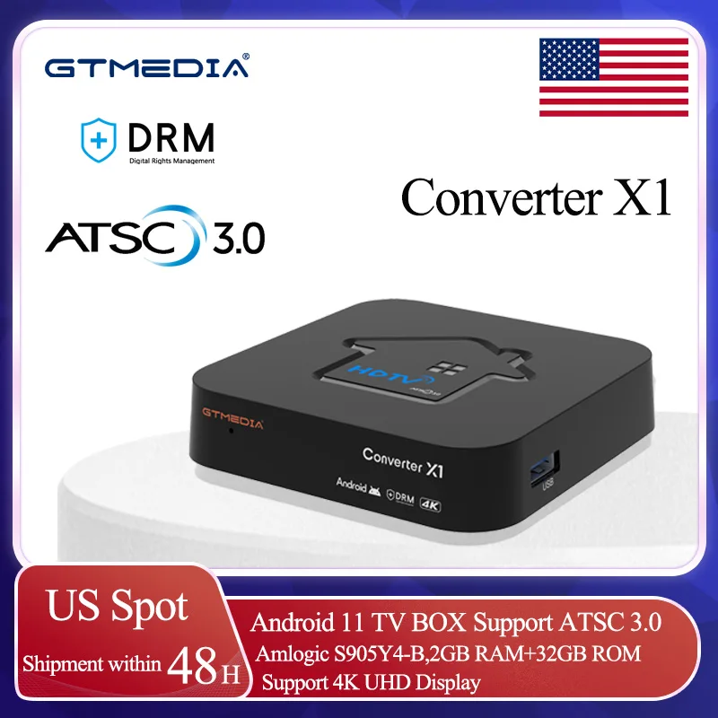 ATSC3.0 HDTV Converter X1 Android 11 TV Box 2GB+32GB Amlogic S905Y4-B ATSC3.0 4K DRM Tuner DVR Recording Free，for the US