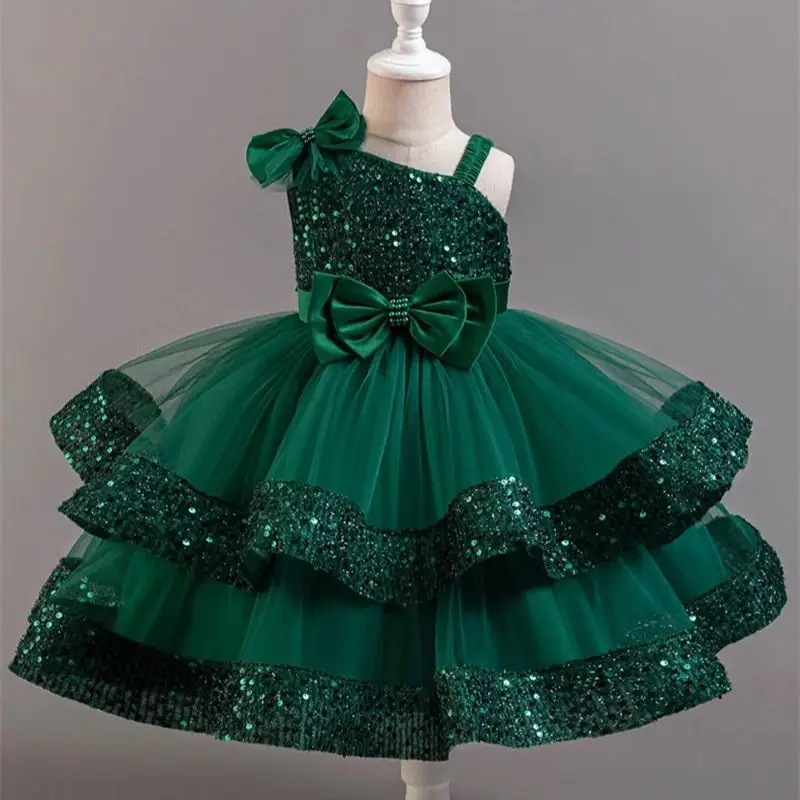 

Baby Girls Sequins Bow Tulle Princess Dress For Kids Wedding Birthday Evening Party Prom Performance First Communion Vestidos