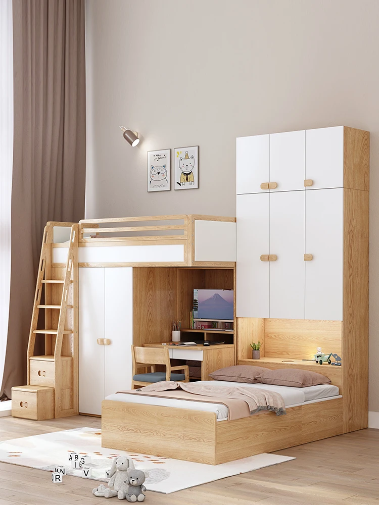 Staggered combination bed, high and low children's bed, wardrobe, desk, sub mother bed