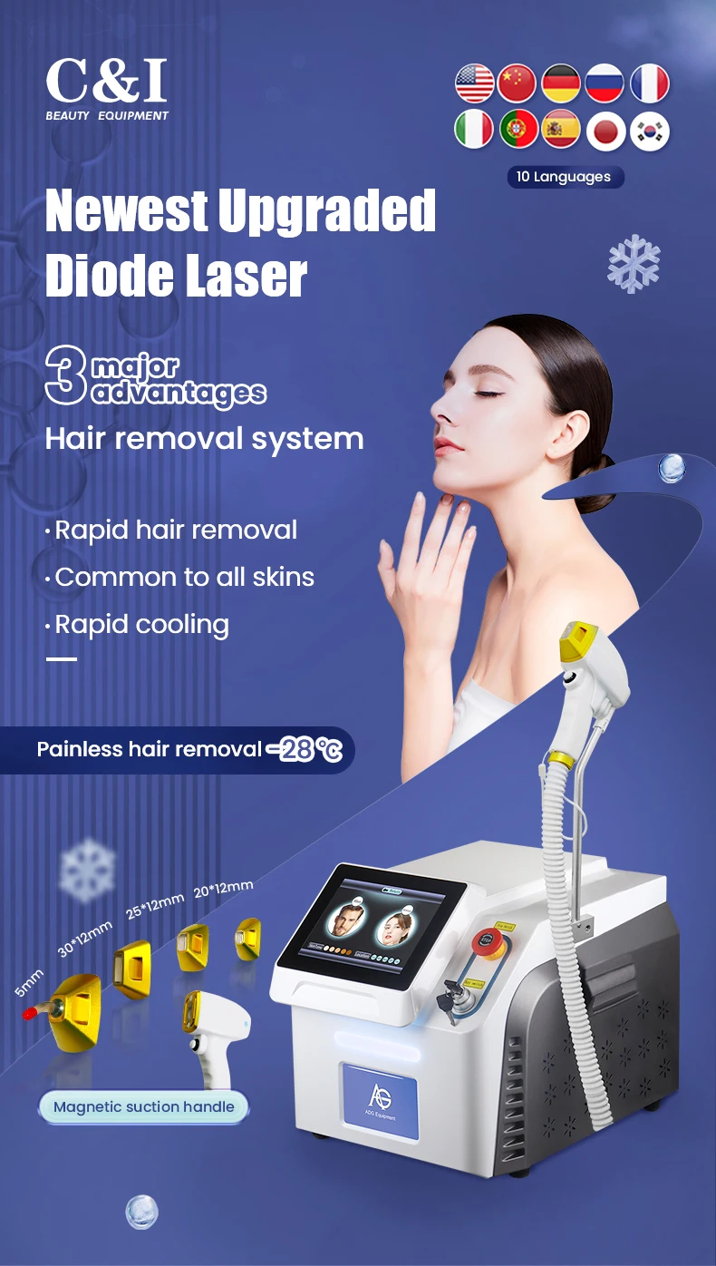 Professional Magnetic Handle Ice Titanium 755 808 1064nm Diode Laser Hair Removal Beauty Salon Machine for Face and Body