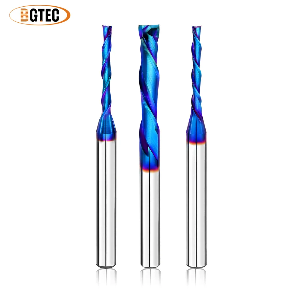 

BGTEC Blue Coated Solid Carbide 2 Flute Spiral Slotting End Mill, Flat Shank Flat Top, Upcut/Downcut/Compound for Woodworking