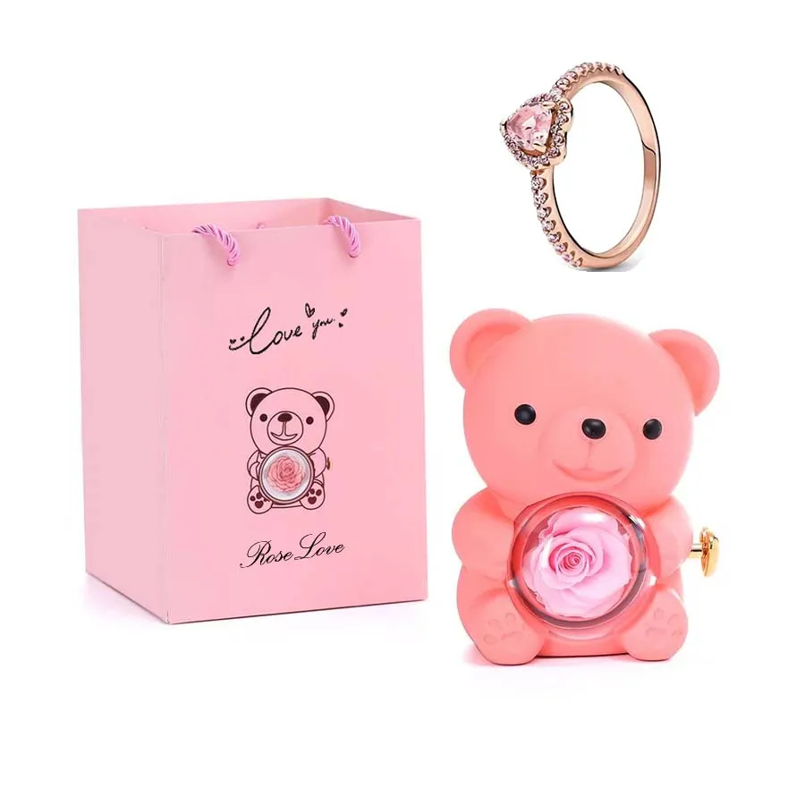 Sparkling Ring Rotating Bear Rose Jewelry Box  Eternal Flower Gift Box for Girl Mother's Day Valentine's Day Christmas Gifts