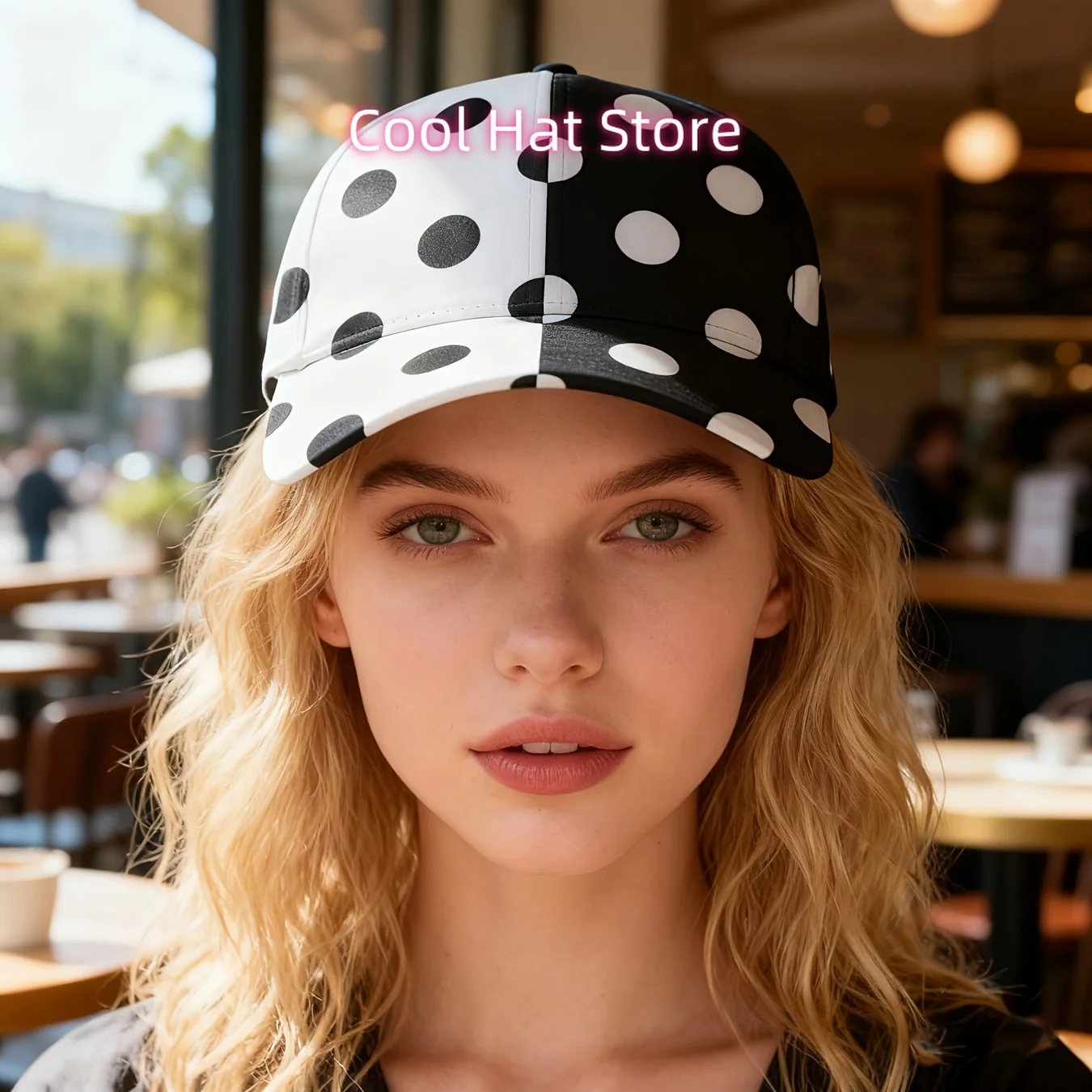 1pc Unisex Black & White Polka Dot Baseball Cap with Adjustable Snapback - Lightweight Breathable Sun Hat, Full-Body White Dots