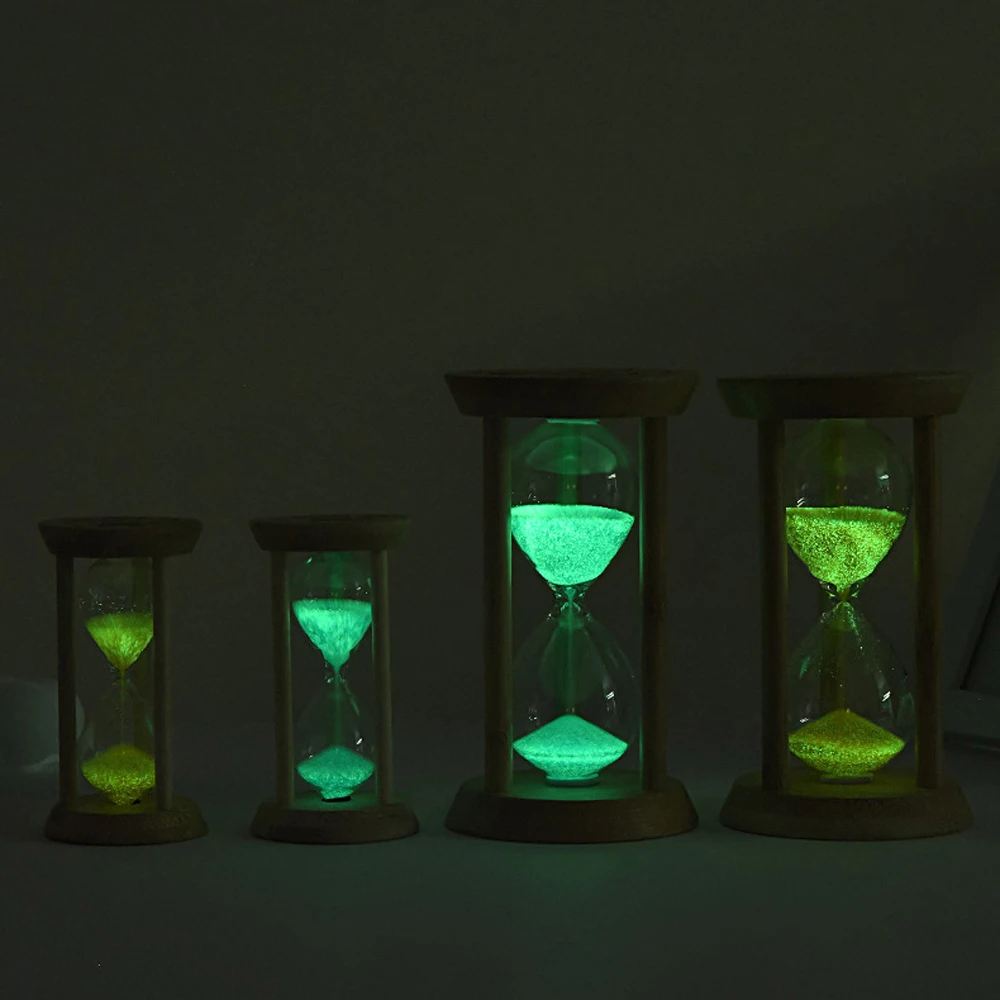 Reloj de arena fluorescente de bambú, temporizador de arena luminoso de vidrio transparente de 1/3/5/10/15/30 minutos, No requiere electricidad, creativo, 1 ud.