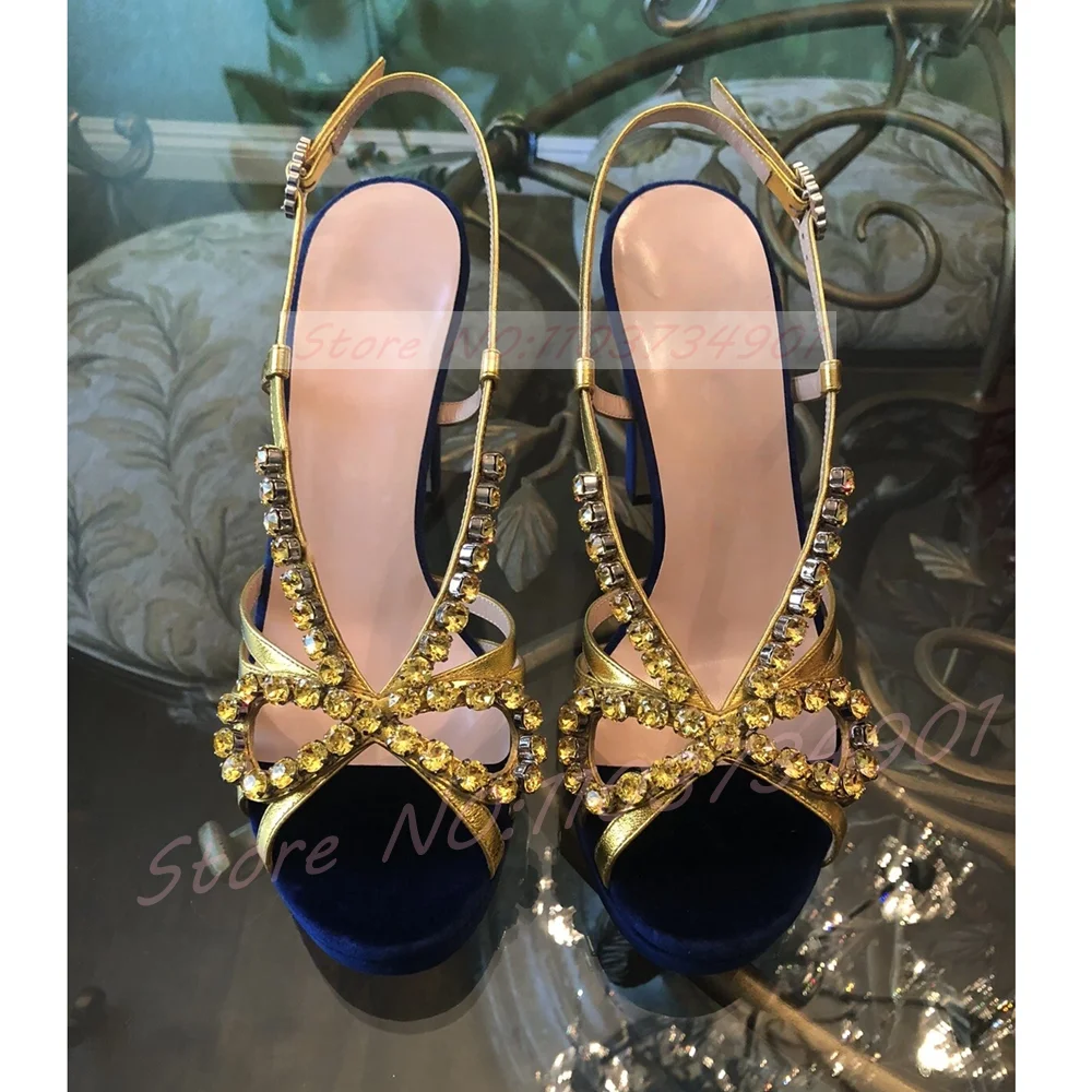 Crystals Bow-Tie Slingback Thin Heels Sandals Women Blue Velvet Peep Toe Metallic Strap Sandals Gold Gems High Heels Shoes