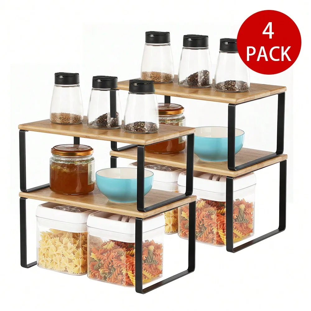 4 Pack Cabinet Organizer Shelf, Kitchen Counter Shelves, Kitchen Storage, Spice Rack, Stackable, Expandable, Metal And Engineered Wood, Ink Black And Natural Beige sh2408014345588777
