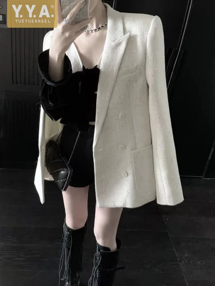 New Fashion Office Ladies Sequined Woolen Suit Jacket Elegant Long Sleeve Spring Autumn Double Breasted Blazers Top Women Coat