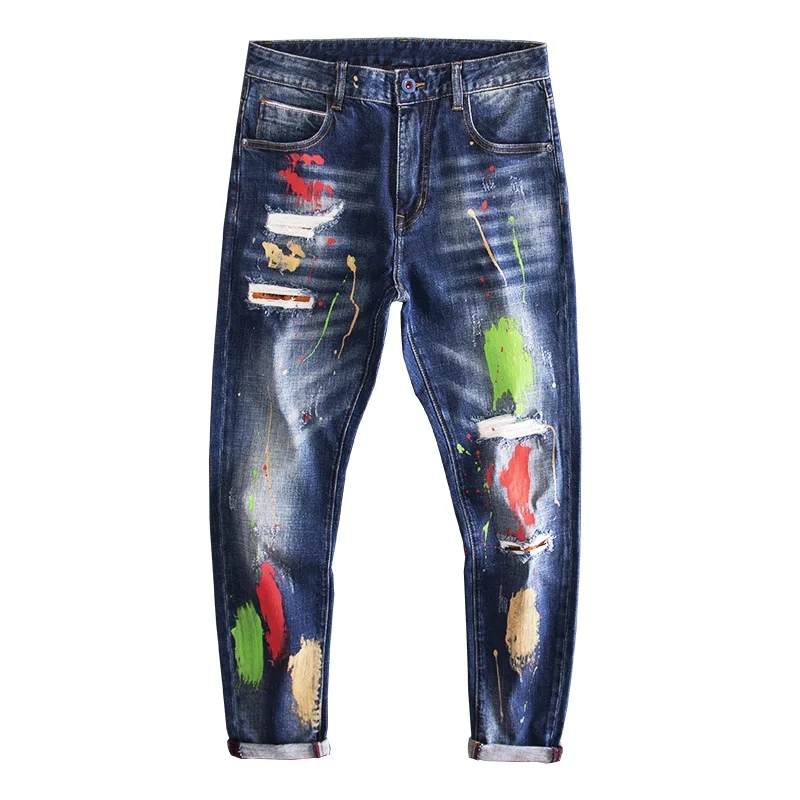 Spray Paint Printed Graffiti Ripped Jeans for Men Slim Fit Small Feet Personality Trendy Street Denim Pants