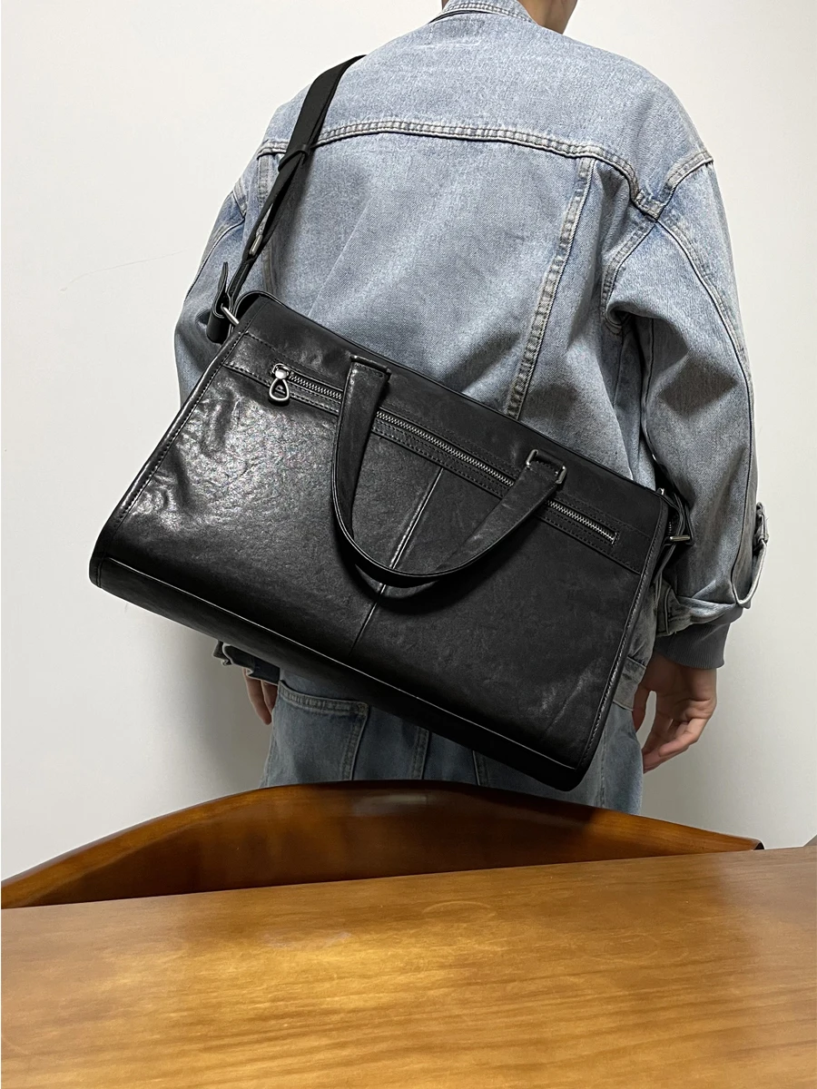 business casual first layer cowhide men women's black briefcase laptop handbag daily work luxury genuine leather messenger bag