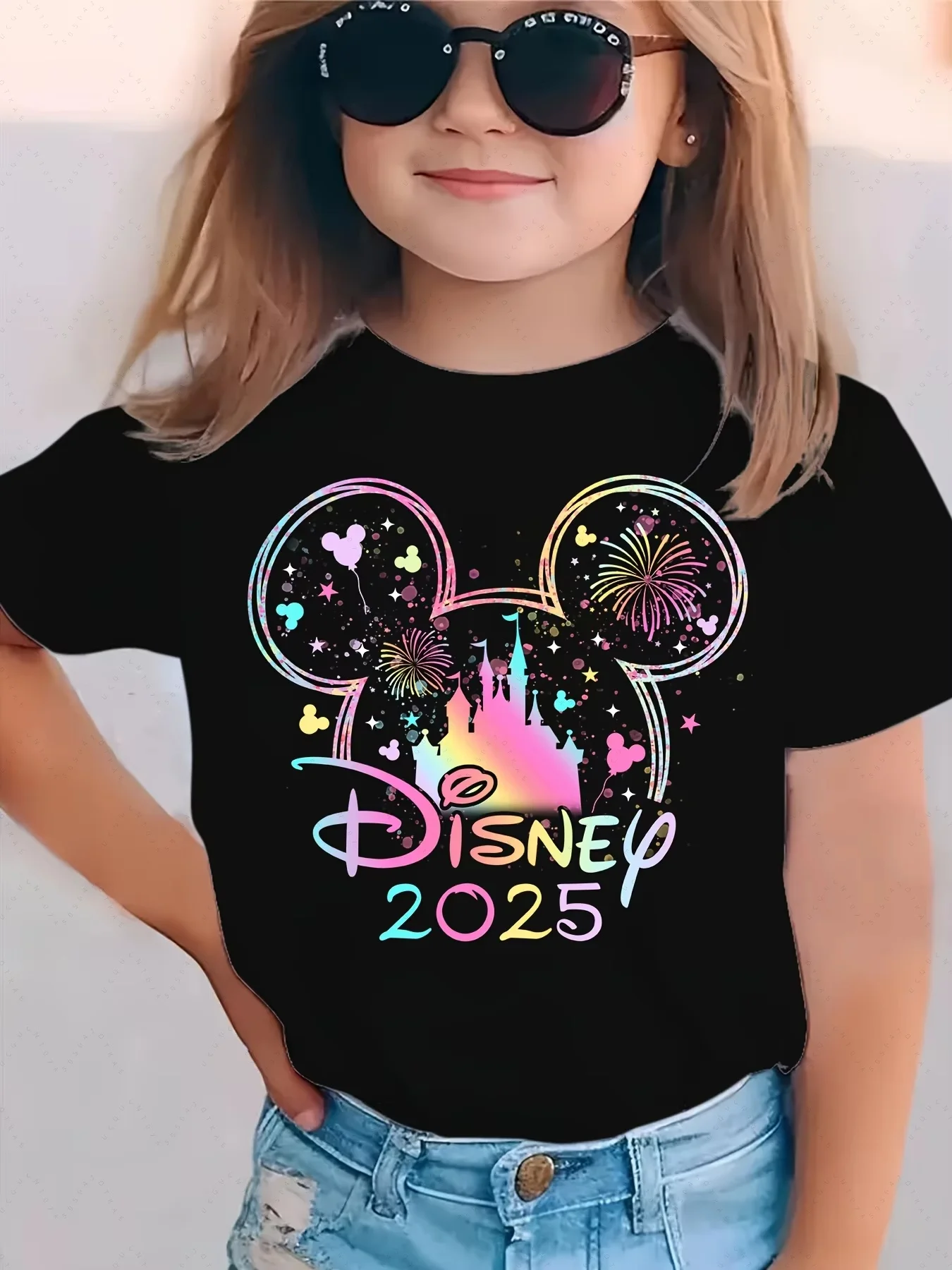 

Повседневная летняя футболка с рисунком «Микки Маус и замок принцессы» для девочек и мальчиков, футболка с короткими рукавами и красочными мультяшными принтами