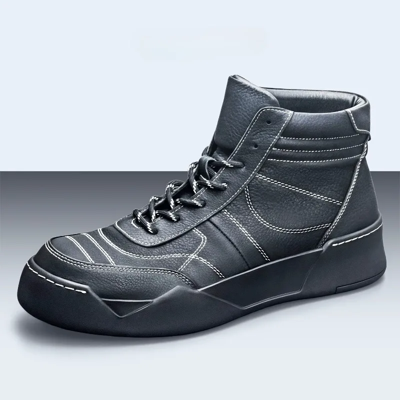 Concise Fashion High Top Boots Men's Shoes Genuine Leather Trendy Thick Sole Outdoor Hiking Sport Shoes Male Cowhide Sneakers