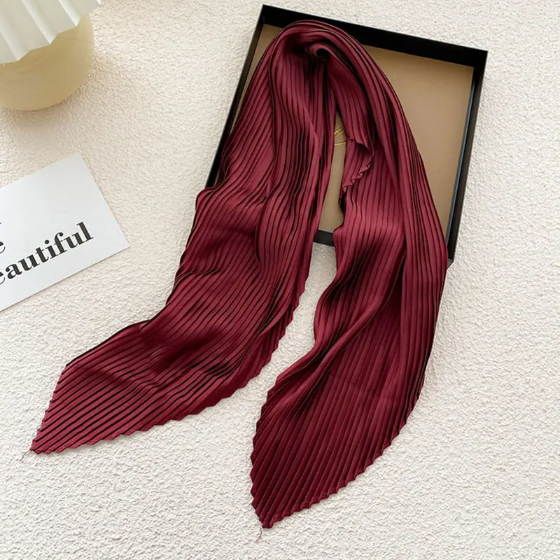 Luury Brand Silk Pleated Square Scarf Women Satin Neck Hair Tie Band Soft neckerchife Office Hijab Headband Female Foulard