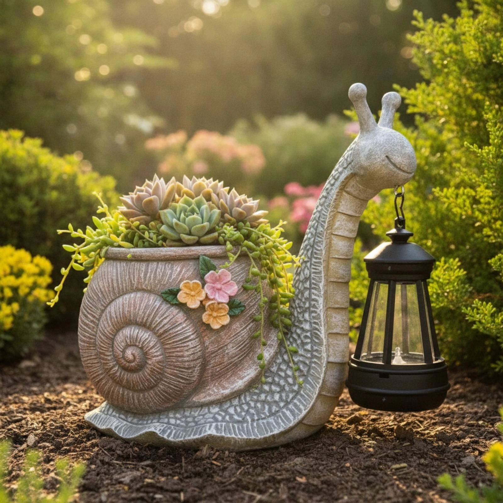 Snail Planter with Lantern Whimsical Snail Statue with Lantern Garden Ornament Decorative for Homeowners, Patio, Balcony